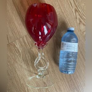 Vintage Empoli Ruby Red Hand Blown Optic Keyhole Base Vase 11 1/4” High